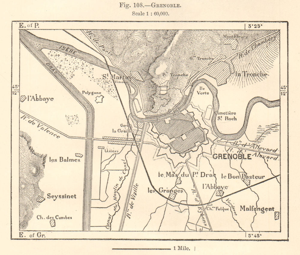 Grenoble & environs. Isère. Sketch map 1885 old antique vintage plan chart